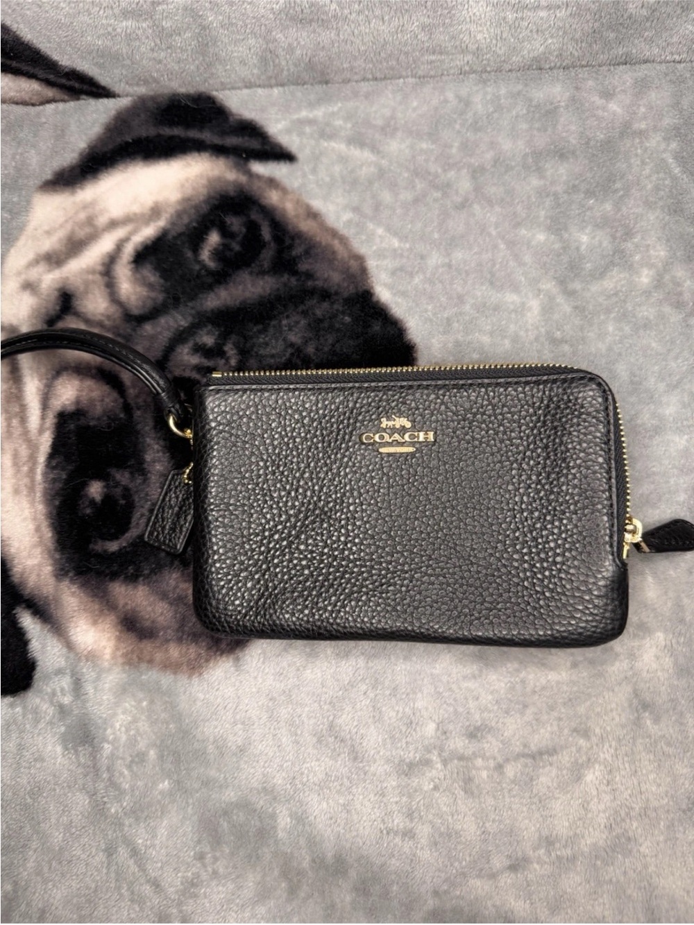 Coach Black Pebbled Leather Double Zip Pockets  Wristlet with Gold Logo